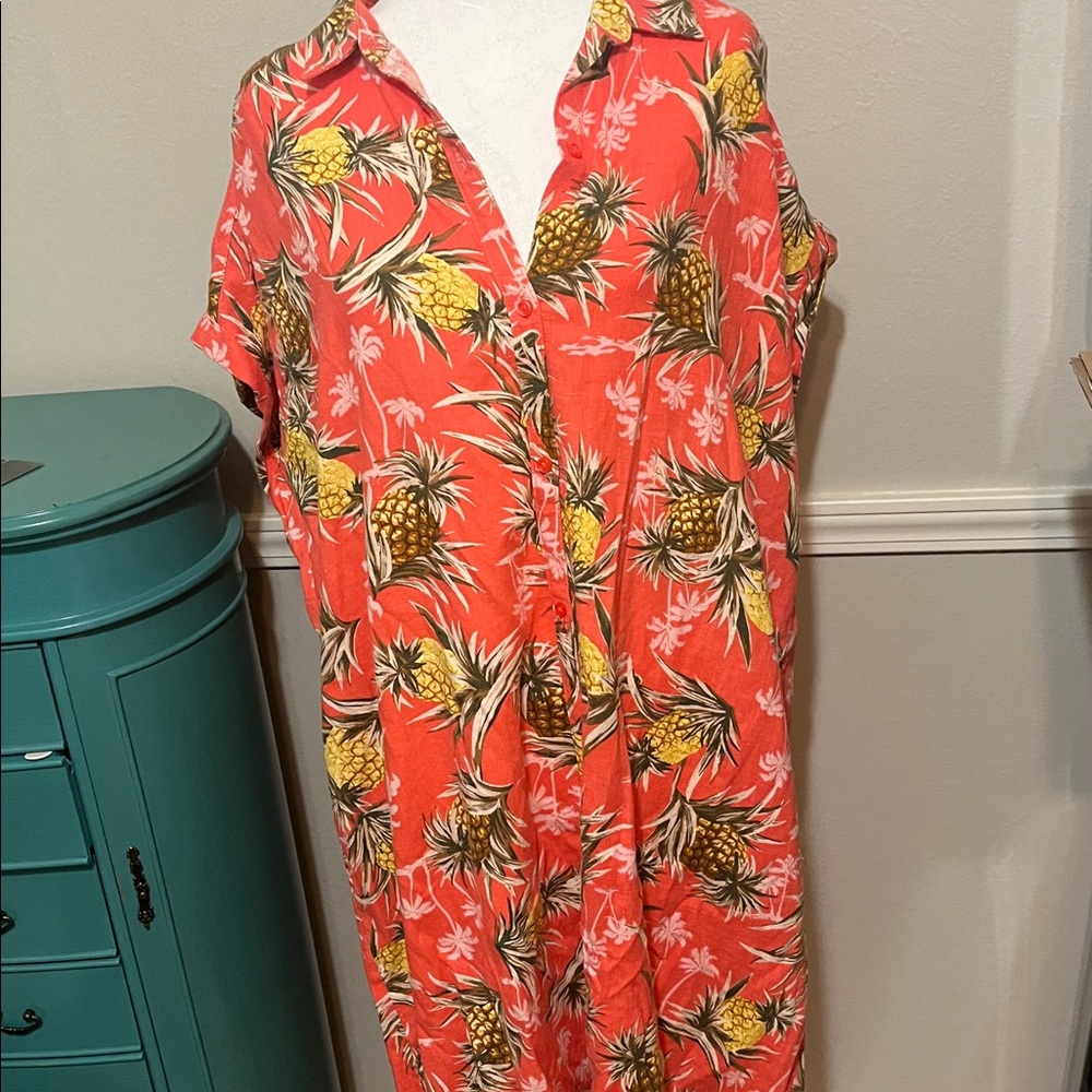 Tropical Pineapple Print Shirt Dress